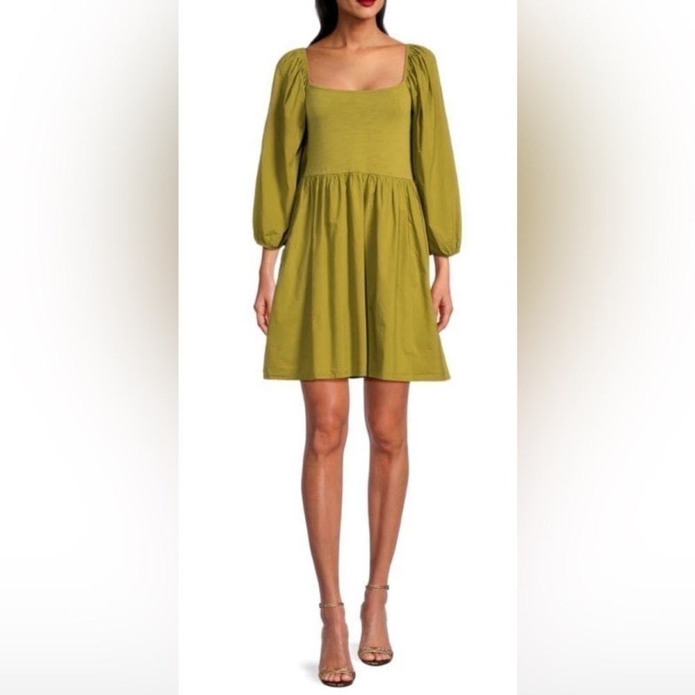 NWT Nation LTD Heddie Combo Babydoll Dress Lichen Olive Green pockets small S